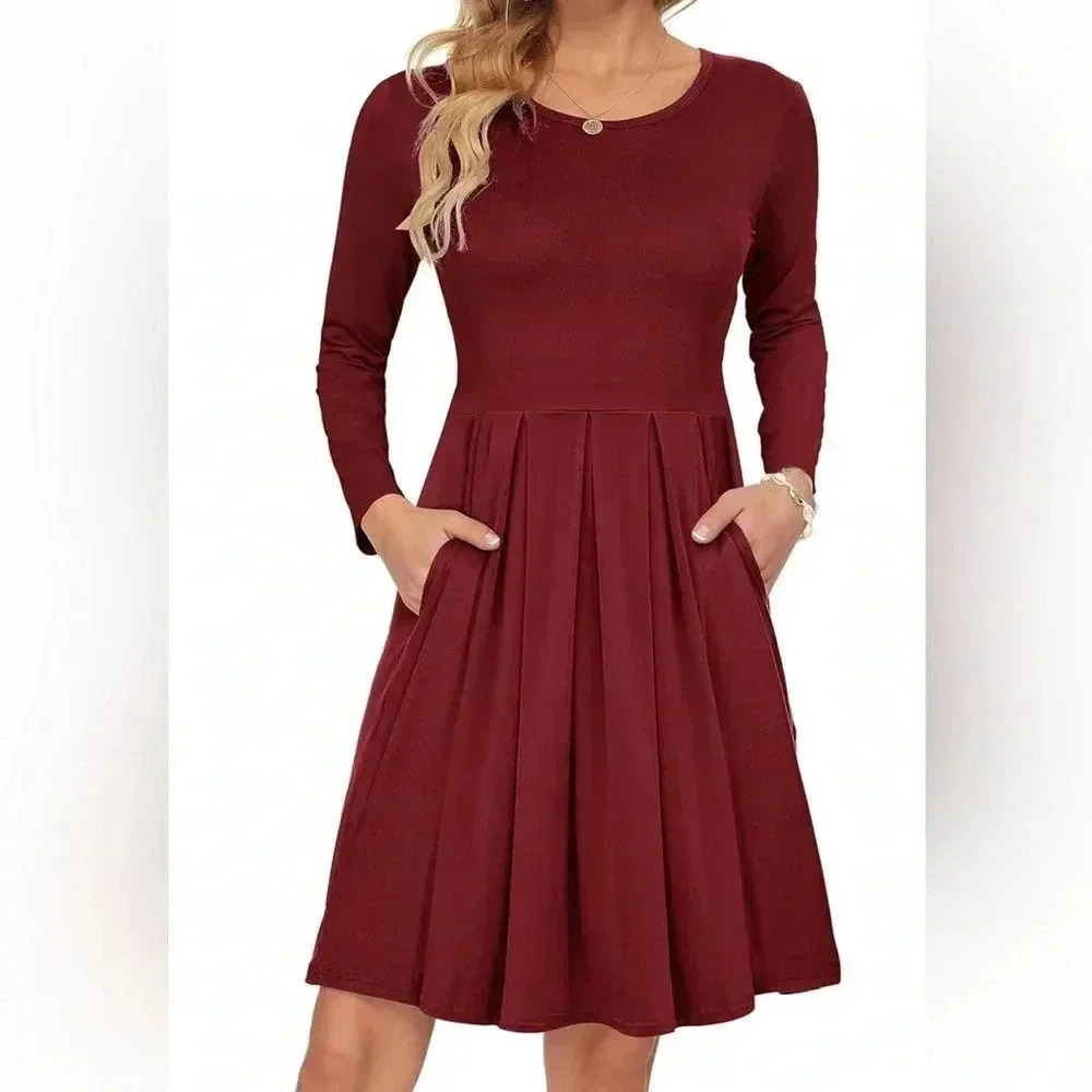 Women's Long Sleeve Pleated Loose Swing Casual Dress with Pockets Knee Length